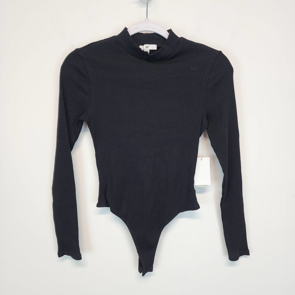 BP. Bodysuit Womens Small Black Rib Knit Snap Gusset Long Sleeve Stretch Chic